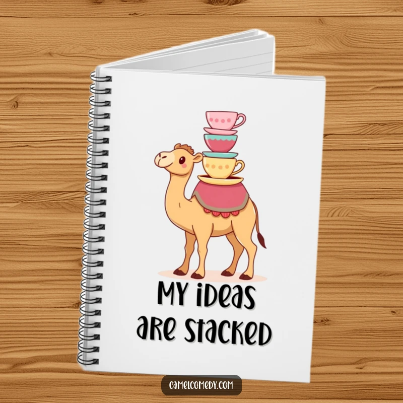 Funny notebook with a kawaii camel balancing colorful teacups on its hump, perfect for jotting down ideas with humor.