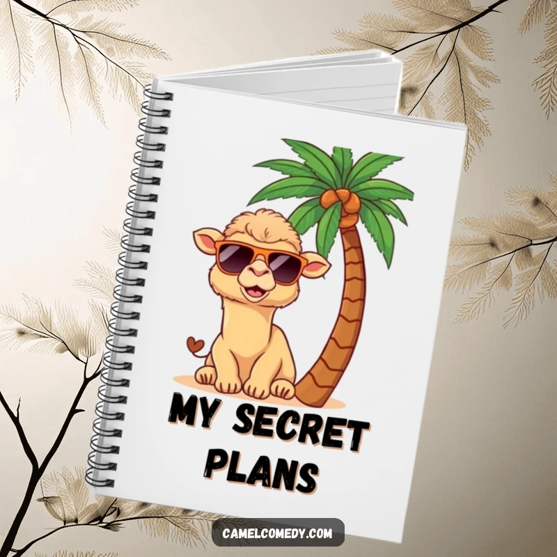 Funny kawaii camel wearing sunglasses, peeking from behind a palm tree, featured on a notebook.