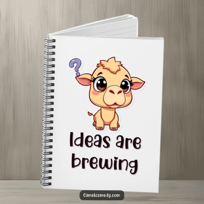 Funny surprised camel with wide eyes, looking questioningly at a floating question mark, humorous notebook for jotting ideas.
