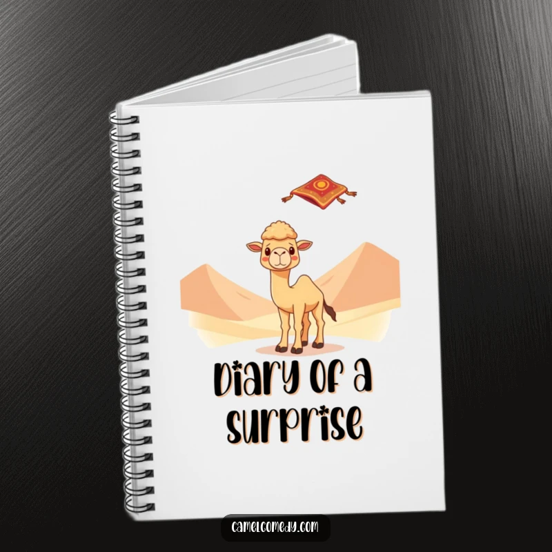Kawaii camel looking surprised by a flying carpet, on a notebook cover with desert dunes, ideal for jotting down magical stories.