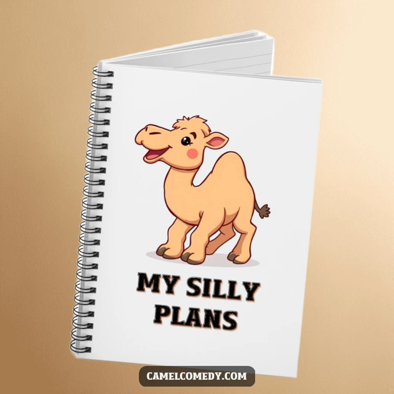 Funny camel tripping over its large feet with a smile, featured on the cover of a humorous notebook.