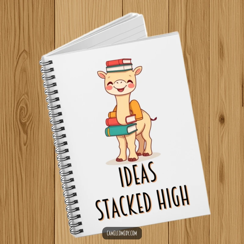 Funny Bookish Camel Notebook: a joyful camel balances a stack of books on its hump, ideal for jotting funny thoughts and study notes.