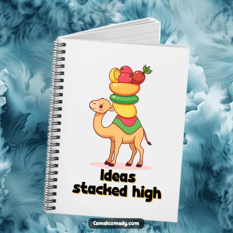Funny Kawaii Camel Notebook with a cute camel balancing fruits, perfect for notes and creative journaling.
