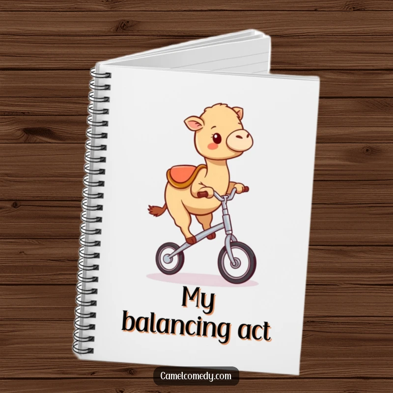 Funny kawaii camel happily wobbling on a tiny unicycle, featured on the cover of a lined notebook.