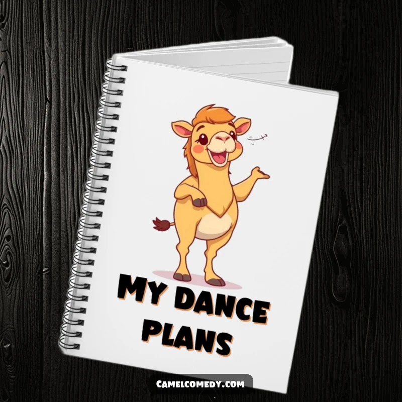 Funny camel character dancing in desert wind, on the cover of a notebook, a humorous stationery gift.