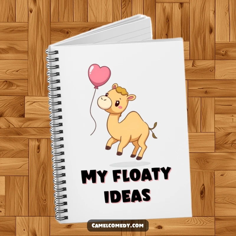 Funny notebook with a playful camel tied to a balloon, floating slightly, perfect for jotting down creative ideas.