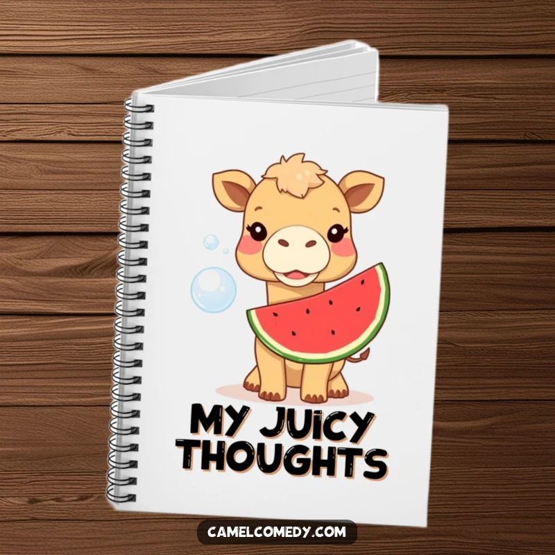 Funny camel character blowing a large watermelon bubble, on the cover of a notebook, a humorous stationery gift.