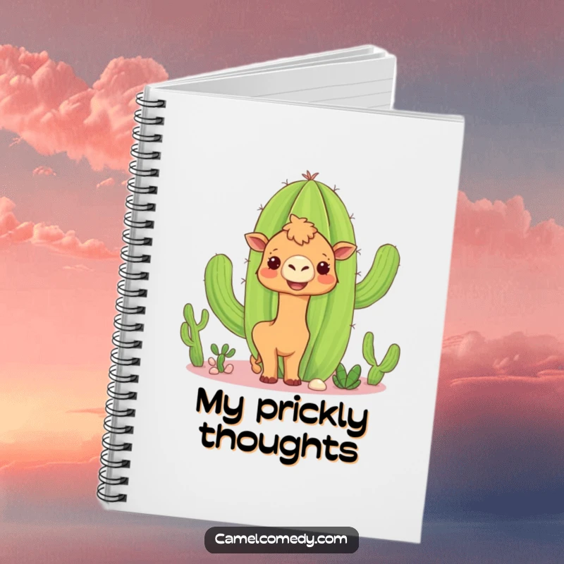Funny camel cactus notebook depicting a curious camel peeking around a smiling cactus, perfect for capturing funny thoughts and ideas.