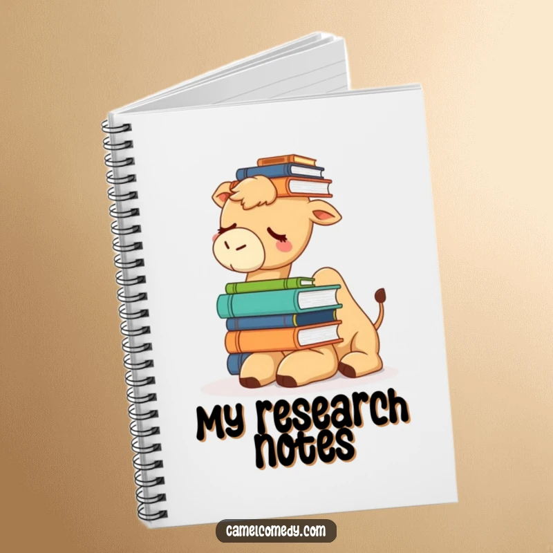 Funny notebook with a sleepy camel balancing a stack of books on its head, ideal for note-taking and academic subjects.