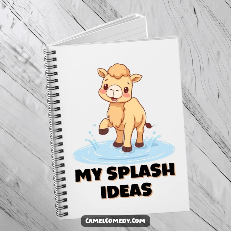Funny notebook with a happy camel splashing water in a puddle with its feet, perfect for doodling and joyful note-taking.