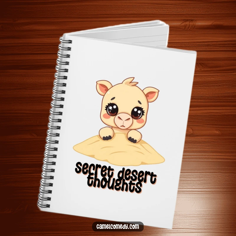 Funny Kawaii Camel Notebook: a cute camel with big, curious eyes peeks over a sand dune, ideal for jotting funny thoughts.