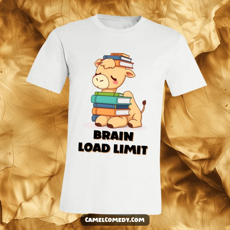 Funny t-shirt depicting a drowsy camel attempting to precariously balance a large stack of books on its head, looking tired.