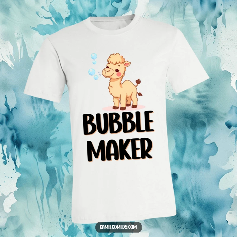 Funny t-shirt showcasing a tiny camel with a cheerful expression, blowing a cascade of sparkly, colorful bubbles.