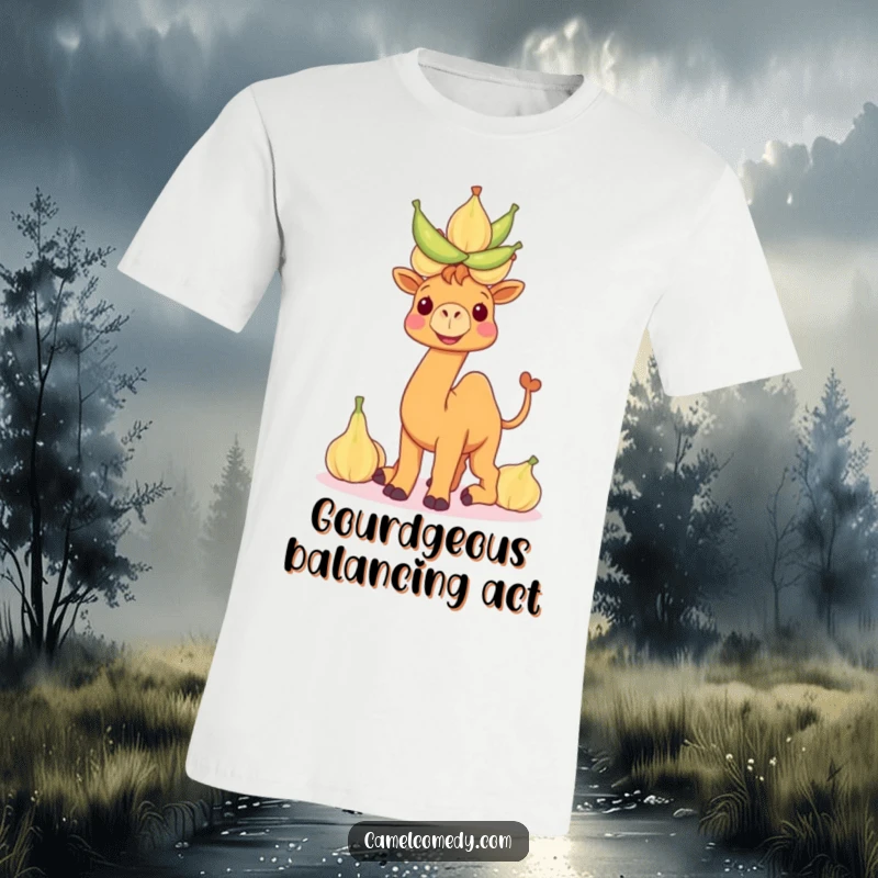 Funny camel t-shirt showing a smiling camel expertly balancing a tall stack of water gourds, celebrating desert resilience humor.
