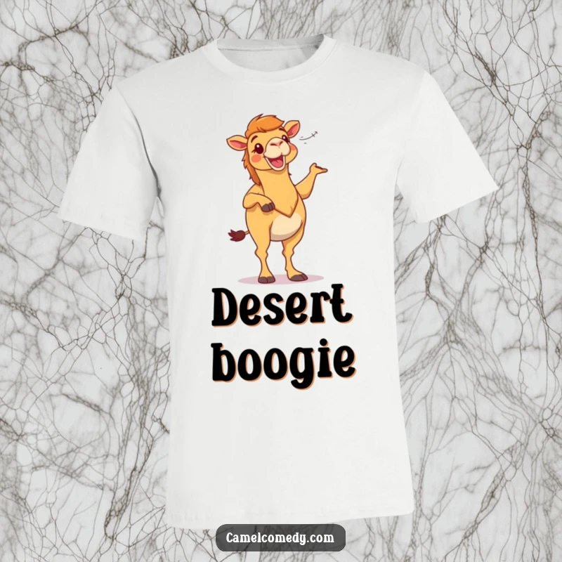 Funny, energetic camel doing a silly dance amidst desert wind, printed on a t-shirt, a humorous and lively gift.