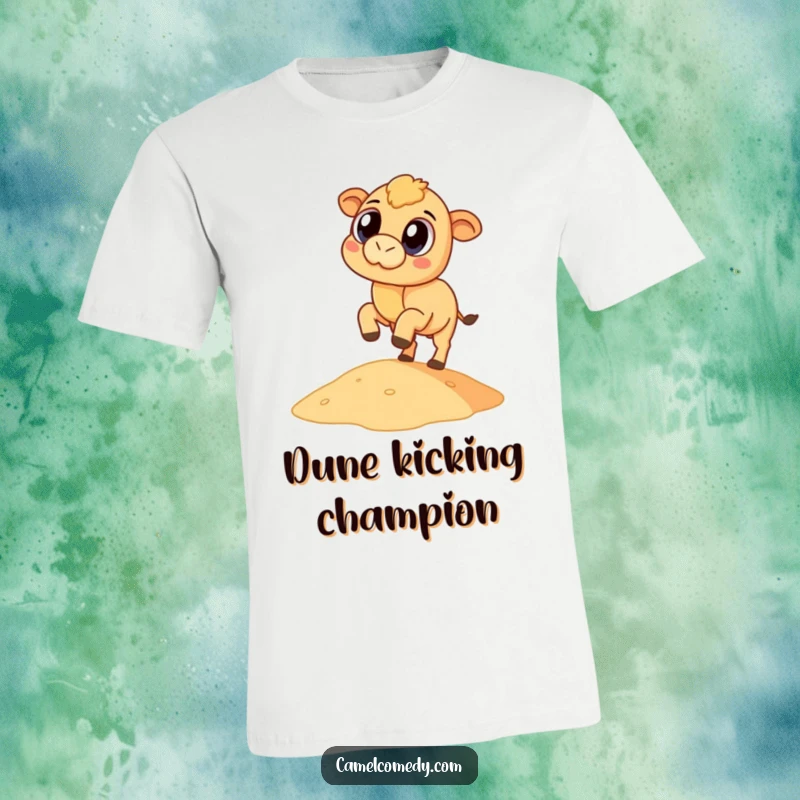 Funny, compact camel with huge eyes joyfully kicking a tiny sand dune upwards on a vibrant t-shirt.