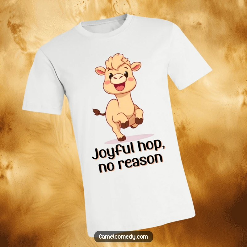Funny camel t-shirt depicting a camel with a big smile doing a comical hop, conveying infectious happiness and playful energy.