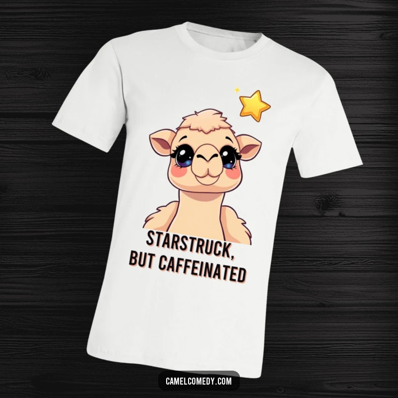 Funny camel t-shirt featuring a camel with wide, sparkling eyes gazing upwards at a charming floating cartoon star, embodying hopeful dreams.