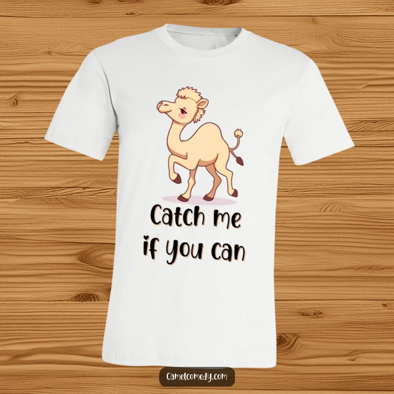 Funny camel t-shirt depicting a camel mid-stride, one leg up, glancing back with a mischievous wink, full of playful energy.