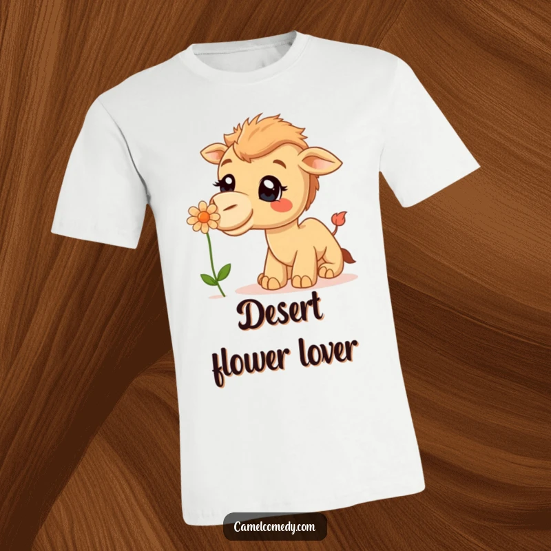 Funny T-Shirt: A curious camel wears a big smile as it gently sniffs a vibrant desert flower.