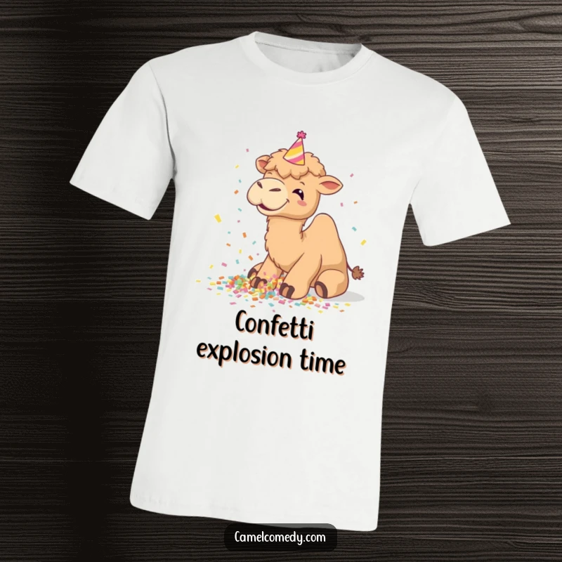 Funny camel t-shirt, giggling with delight while spilling confetti from a tiny party hat, radiating pure joy.
