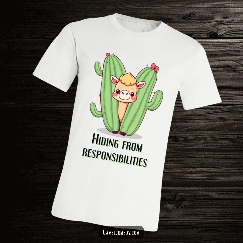 Funny t-shirt featuring a kawaii camel peeking from behind a smiling cactus, capturing a moment of cute and humorous desert life.