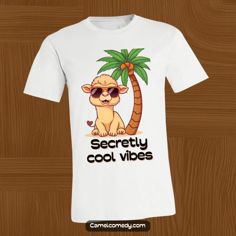 Funny kawaii camel in sunglasses, peeking playfully from behind a tropical palm tree, featured on a fun t-shirt.