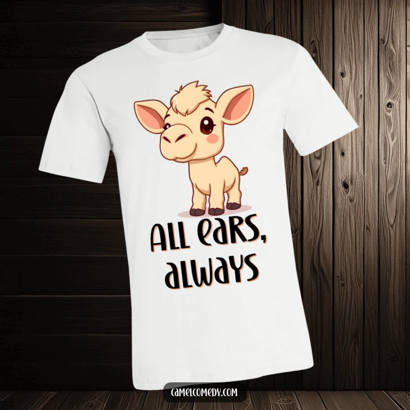 Funny Kawaii Camel T-Shirt featuring a cute camel tilting its head inquisitively, listening with large ears, humorous apparel.