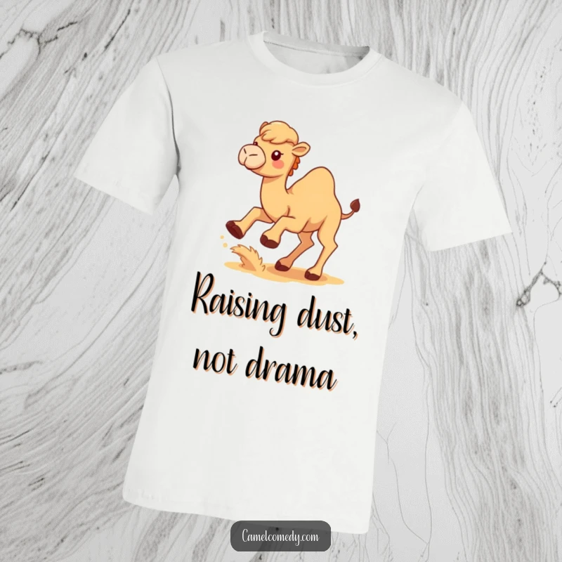 Funny Kawaii Camel T-Shirt featuring a cute camel energetically kicking up sand with its hind legs, humorous apparel.