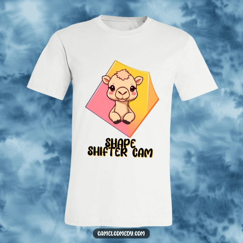 Funny camel with wide eyes peeking from behind a colorful abstract geometric form on a t-shirt.