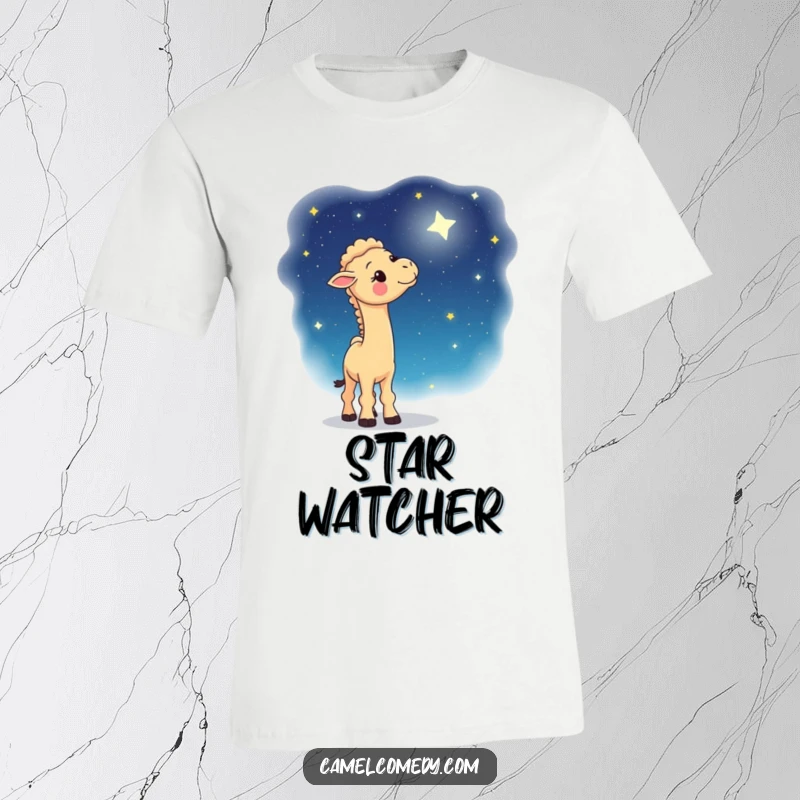 Funny t-shirt showcasing a whimsical camel looking up in awe at a sky filled with twinkling stars and celestial beauty.