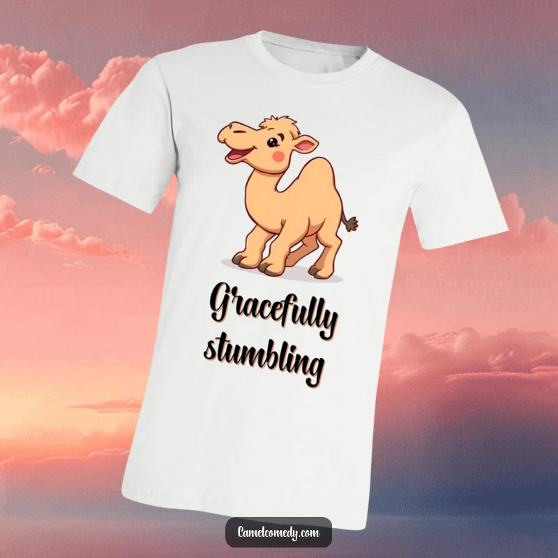 Funny, happy camel with a wide grin tripping over its own oversized feet on a vibrant t-shirt.