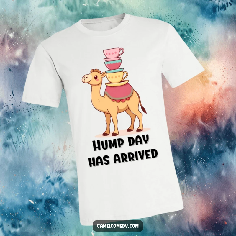 Funny t-shirt with a kawaii camel performing a teacup balancing act on its hump, showcasing playful humor and charm.