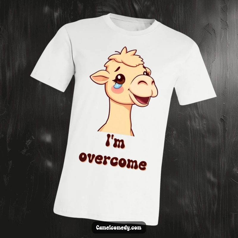 Funny delighted camel with a single tear of joy rolling down its cheek, a humorous and emotional graphic tee.