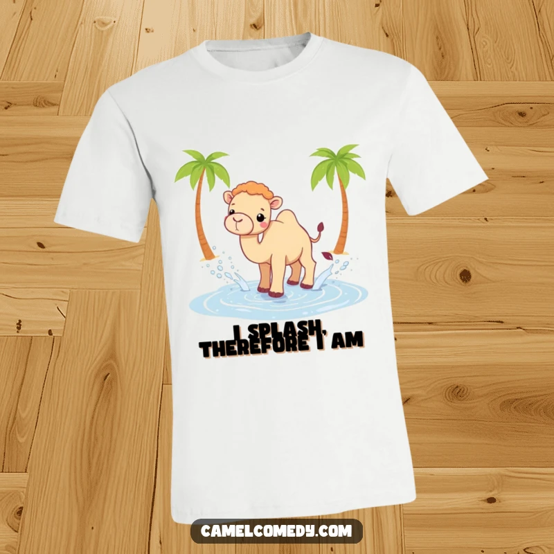 Funny Kawaii camel t-shirt showing a joyous camel splashing water in a miniature desert oasis, radiating fun.