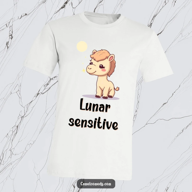 Funny t-shirt showcasing a curious camel with its nose up, sniffing a single, sparkling moonbeam, a whimsical illustration.