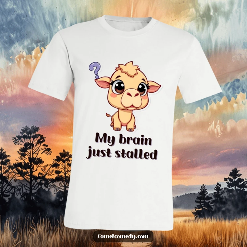 Funny surprised camel with wide, shocked eyes looking up at a floating question mark, humorous graphic tee shirt.