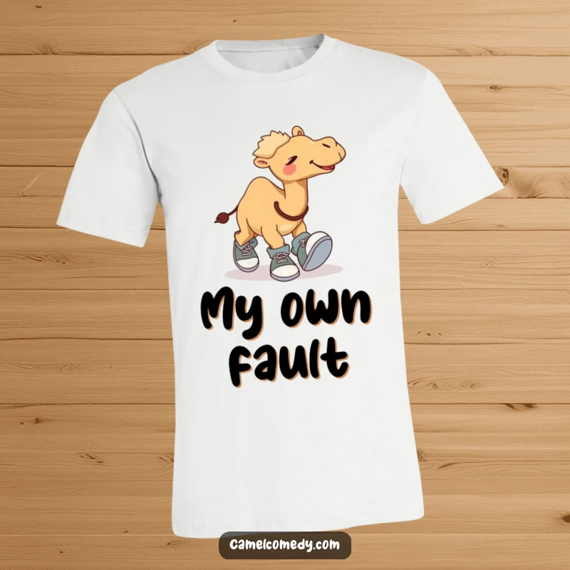 Funny t-shirt showcasing a giggling camel mid-fall, comically tripping over its own comically large shoes, a humorous illustration.