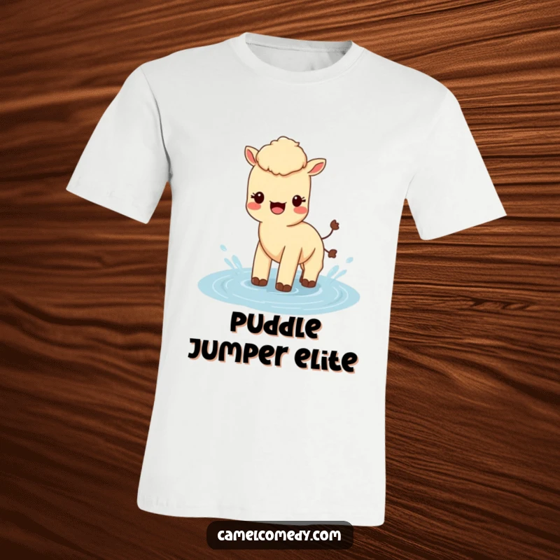Funny Kawaii Camel T-Shirt featuring a cute camel joyfully splashing in water, a humorous and lively apparel choice.