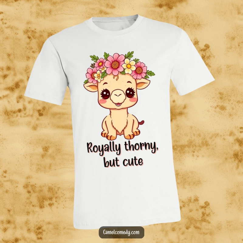 Funny kawaii camel with a desert flower crown, beaming happily on a comfortable t-shirt, a unique and humorous gift.