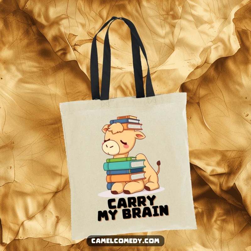 Funny tote bag featuring a sleepy camel attempting to balance a precarious stack of books on its head, a humorous depiction.