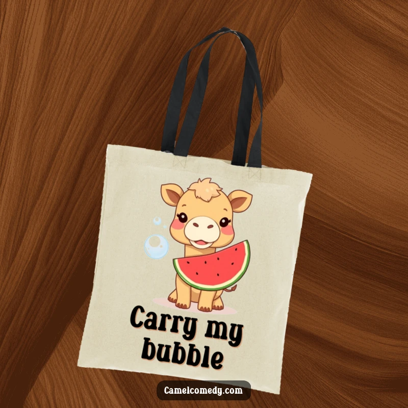 Funny camel blowing a large watermelon bubble, printed on a durable tote bag, great for a humorous, practical gift.