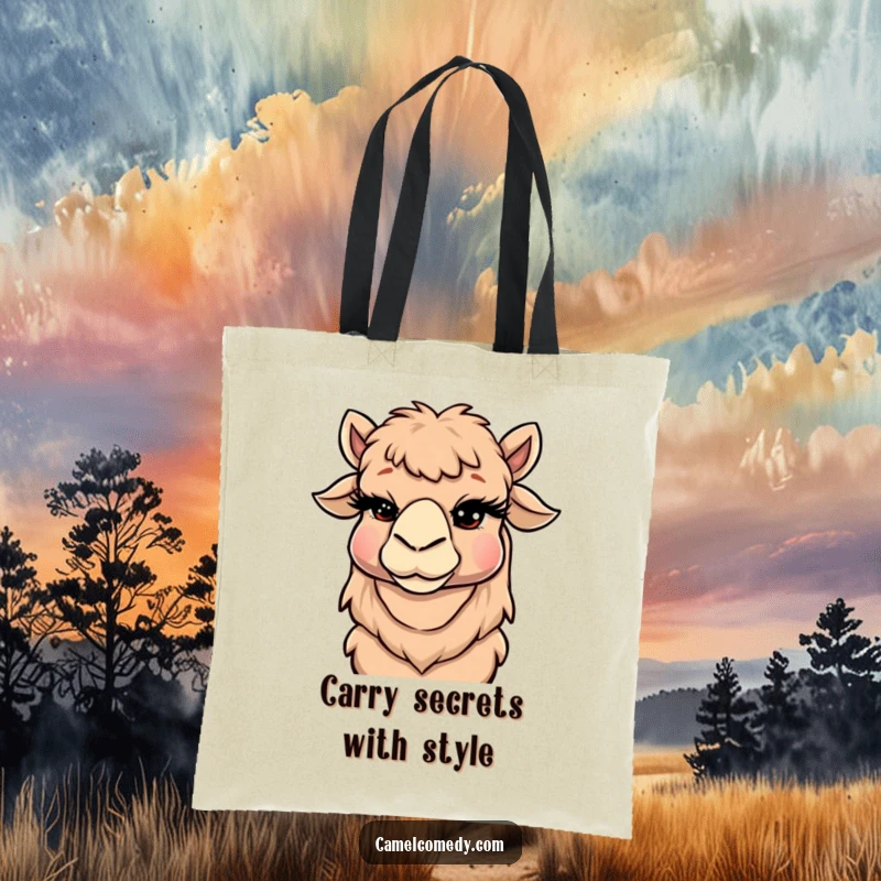 Funny Camel Tote Bag featuring a winking camel with oversized, glamorous eyelashes, designed for a touch of cheeky humor.