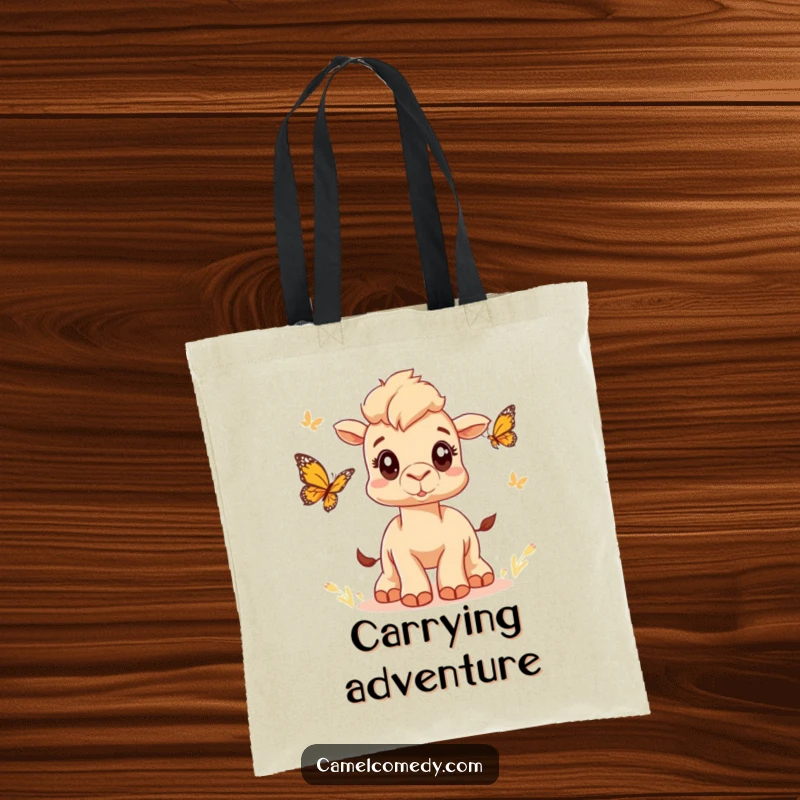 Funny tote bag showcasing a cute camel with wide eyes chasing a butterfly, perfect for carrying items with whimsical humor.