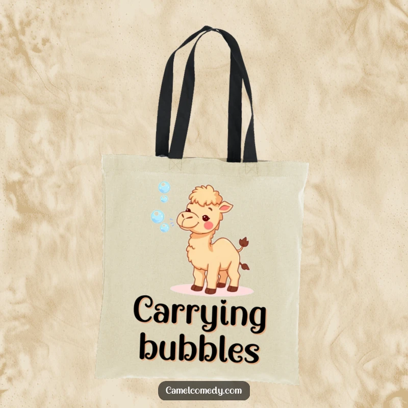 Funny tote bag depicting a tiny camel gleefully blowing many sparkly bubbles, a stylish and cheerful accessory for everyday use.