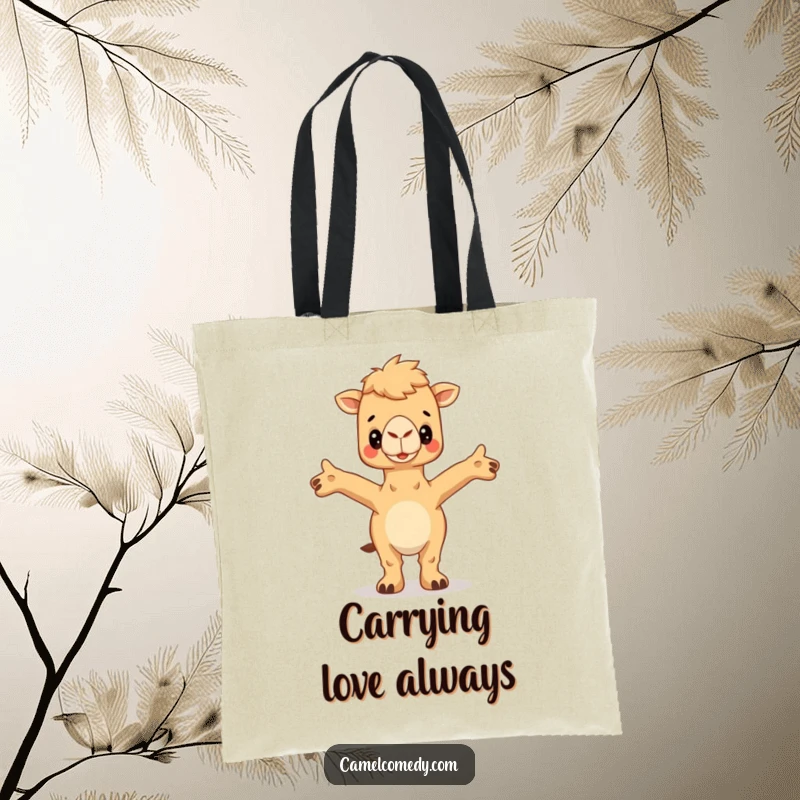 Funny Camel Tote Bag with arms outstretched, inviting a hug, designed for carrying love and humorous gestures.