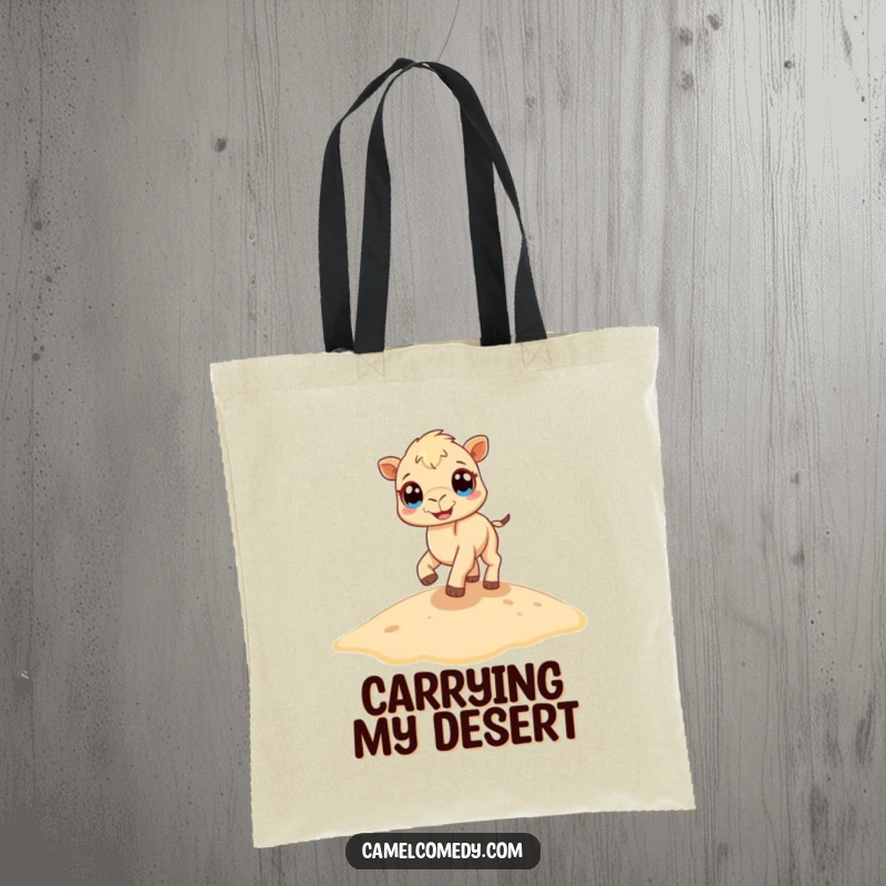 Funny camel tote bag with a tiny, big-eyed camel joyfully bouncing on a sand dune, perfect for carrying fun.