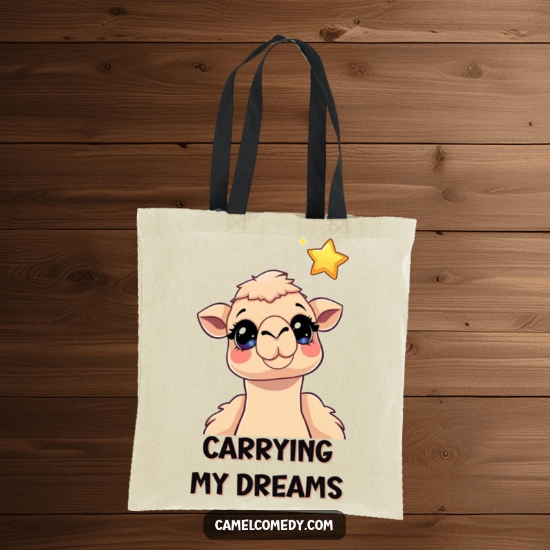 Funny camel tote bag showing a camel with sparkling eyes gazing at a floating cartoon star, symbolizing aspirations and delightful dreams.