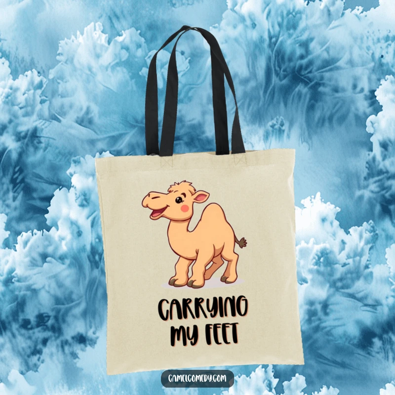 Funny camel tripping over its large feet, with a big smile, on a durable and humorous tote bag.