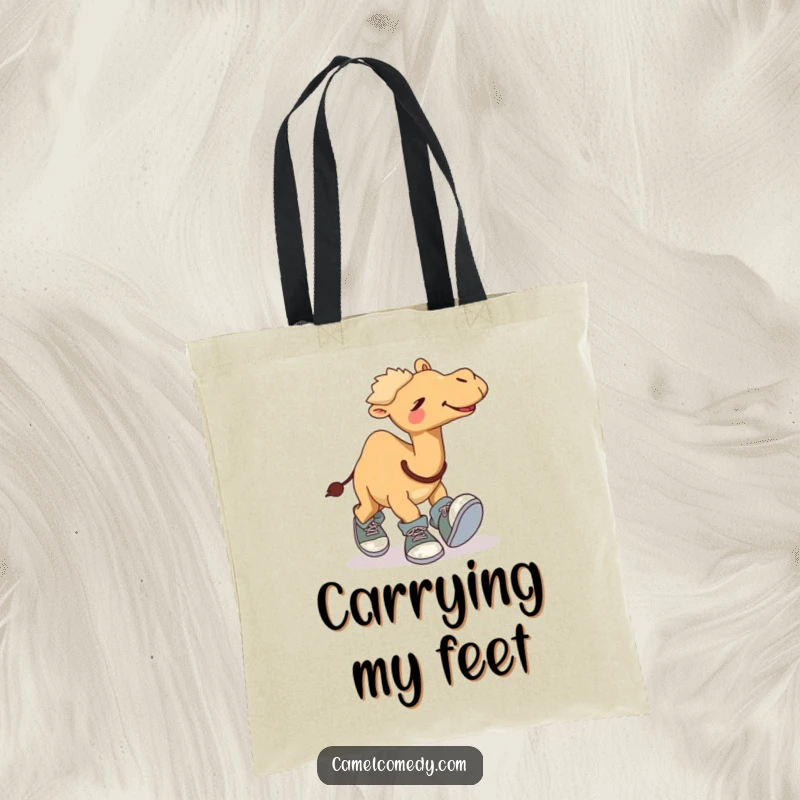Funny tote bag depicting a giggling camel comically tripping over its own excessively large shoes, a stylish and humorous accessory for errands.